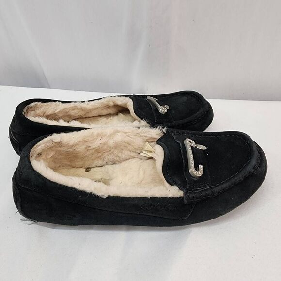 UGG Size 8 Florencia Black Mocassin Suede Slippers Fur Lining Comfort - Picture 3 of 10